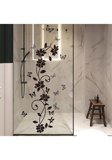 Gajeena Siyah Çiçek Asma Kelebek Duvar Sticker, Kaldırılabilir Vinyl Otostik Ev Dekoru, Banyo Oturma Odası Yatak Odası Dekoratif 90x30cm Siyah