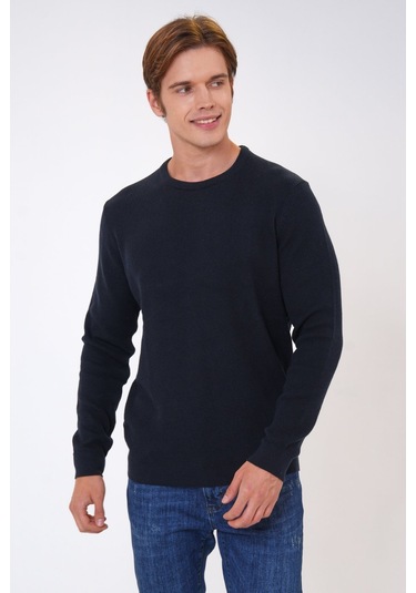 Siyah Regular Fit Jakarlı Pamuklu Bisiklet Yaka Triko-lacivert Lacivert