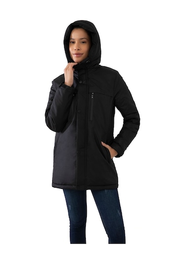 Kadın Siyah Içi Polarlı Su Ve Rüzgar Geçirmez Kapüşonlu Kışlık Mont & Kaban & Parka Siyah