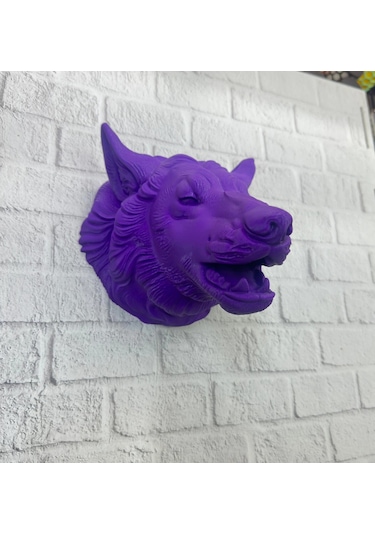 Mor Renk 3d Kurt Başı Duvar Dekoru Asılabilir Maskot Heykel 25x19 Cm