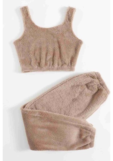 Merry See Kolsuz Askılı Peluş Polar Alt Üst Pijama Takımı Kahverengi 001