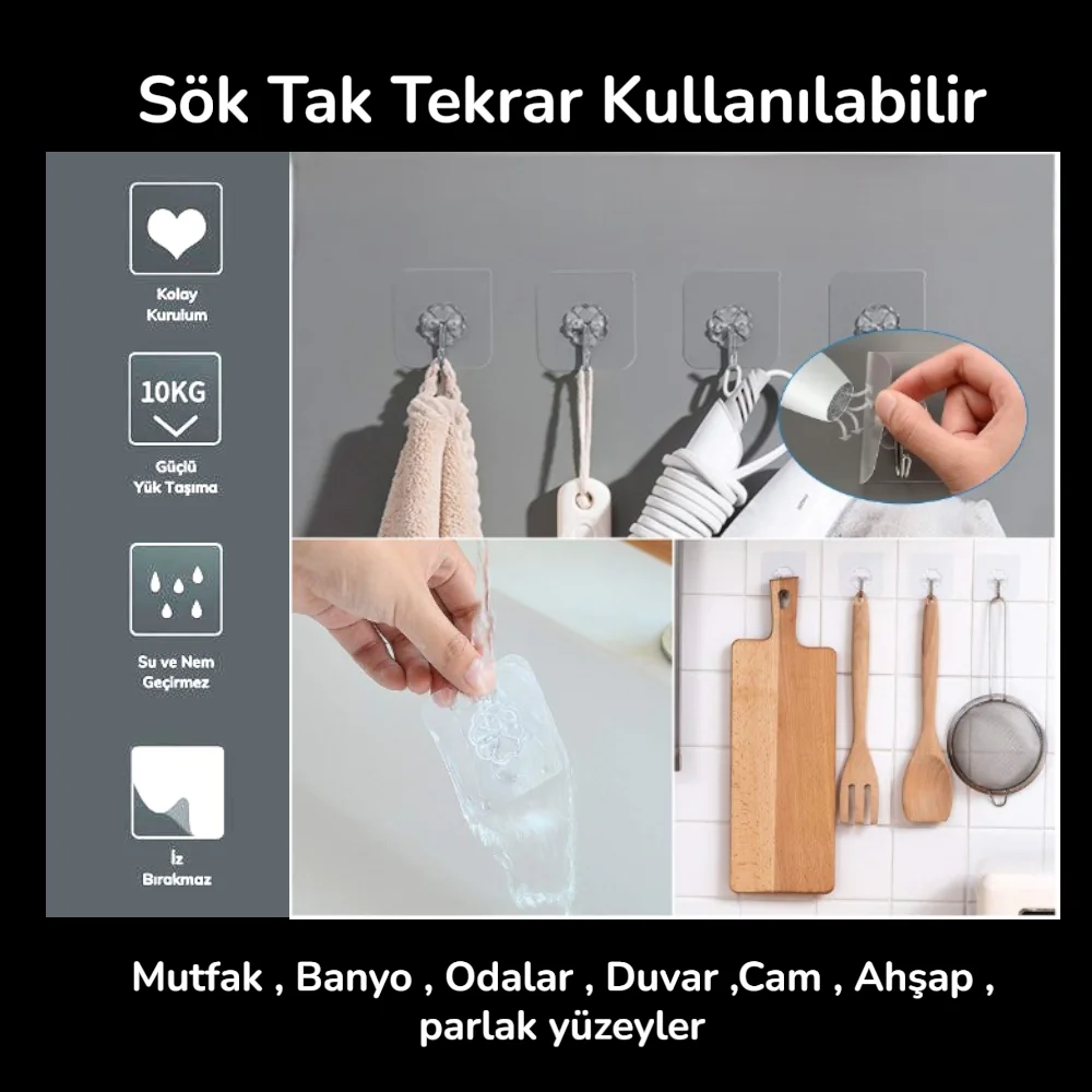 5 Adet Şeffaf Güçlü Duvar Askısı Yapışkan Askılık Vantuz Kanca Mutfak Banyo Düzenleyici