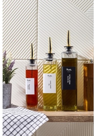 Molivet 3'lü Gold Kapak Cam Yağdanlık Sosluk Sirkelik 350-500-750 Ml Seffaf Şeffaf