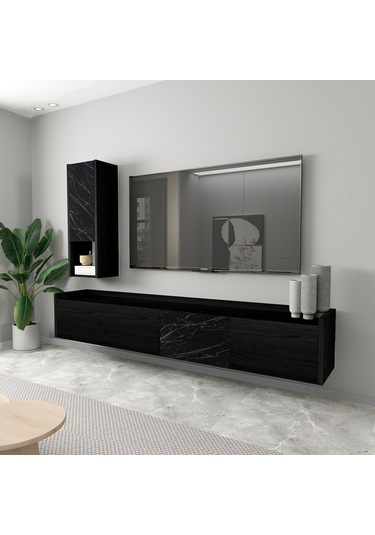 T007 Duvara Monte, Raflı Tv Ünitesi, Tv Sehpası - Ahşap Siyah/mermer Ahşap Siyah/mermer