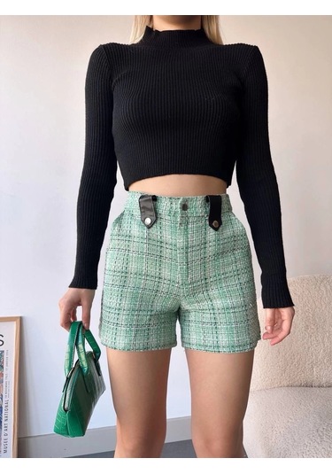 Biçomi Çıtçıtlı Siyah Köprü Tüvit Şort Yeşil Yeşil