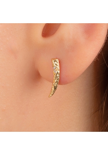 Altın Küpe - 14 Ayar Altın Minimal Taşlı Dövülü Küpe Sarı