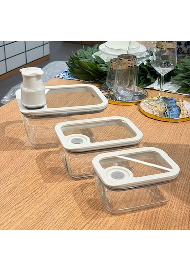 Arow Novelty Vakumlu 4 Parça Cam Saklama Kabı Seti Şeffaf