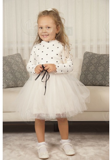 Kız Bebek-çocuk Uzun Kollu Doğum Günü Ve Özel Günler İçin Kalpli Tüllü Astarlı Elbise Beyaz