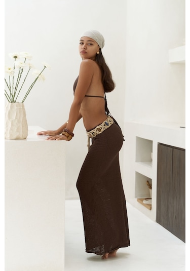 Mai Collection Mai Studios Co. Pangestu Üçgen Kahve Crop Etek Triko Takım Kahve