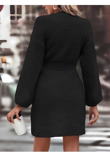 Supplierby Kadın Uzun Kollu Bisiklet Yaka Balon Kol Bel Lastik Detay Triko Mini Boy Elbise Siyah