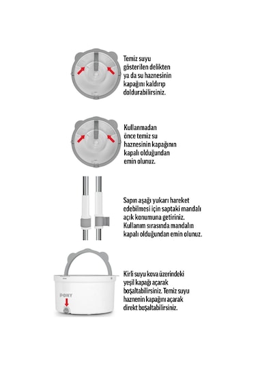 Pony Beyaz 4 Adet Mikrofiber Mop Temiz & Kirli Suyu Ayırma Özelliği Otomatik Temizlik Seti Paspas