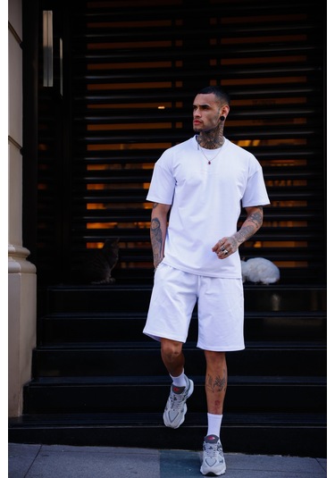 Beyaz Renk Bisiklet Yaka Şort Tişört Takım-1704 Beyaz