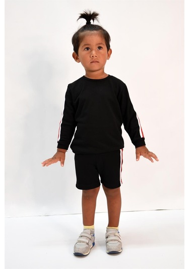 Luess Erkek Çocuk Şerit Detaylı Siyah Alt - Üst Takım Siyah