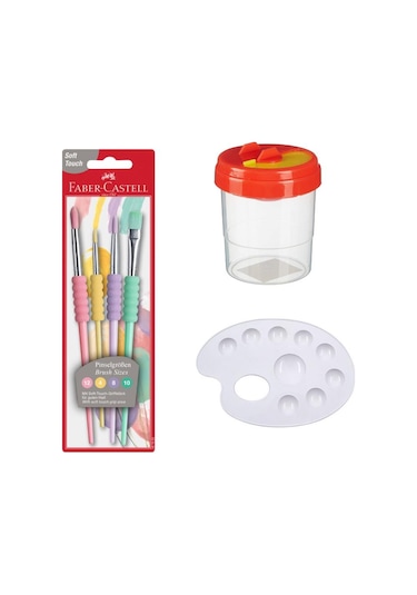 Fırça Seti 4 lü Pastel Renkli Fırça Temizleme Kabı ve Resim Palet
