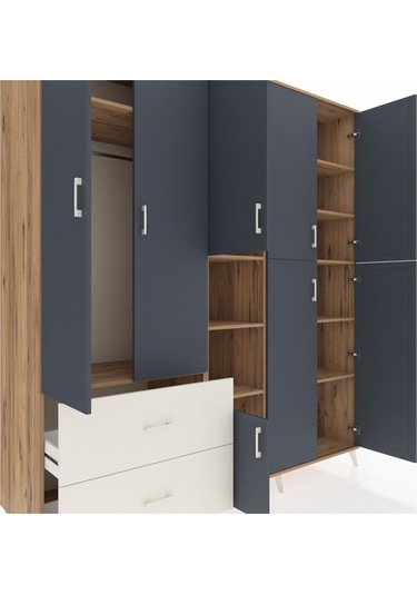 Kronos Dolap 12 Raflı 2 Çekmeceli Tek Askılı 220x59x243 Çam-antrasit/aytaşı Antrasıt/aytası