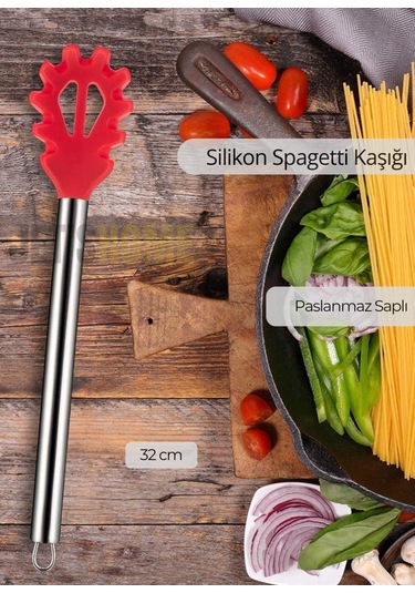Silikon Spagetti Kaşığı Paslanmaz Saplı Kırmızı 32 Cm Kırmızı