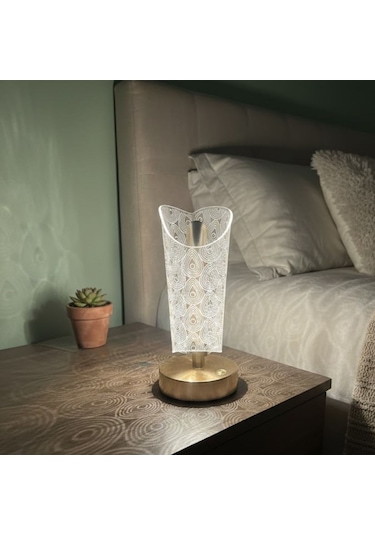 Buffer Açık Silindirik Kristal Damla Model Led Masa Lambası Gold Tabanlı, Dokunmatik, 3 R Renkli
