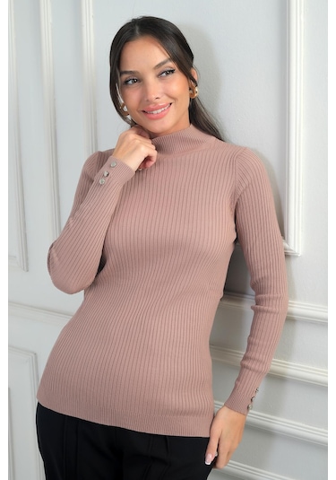 By Saygı Kadın Balıkçı Yaka Basic Fitilli Kolları Düğme Detaylı Kazak-41771 Pudra