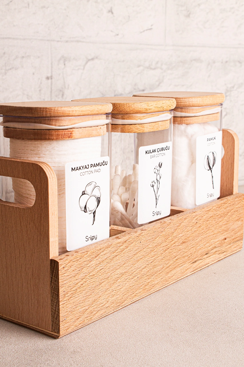 Tubbly - 3'lü Standlı Kare Ahşap Vakum Kapaklı Banyo Düzenleyici Plastik Banyo Seti Etiketli Ahşap