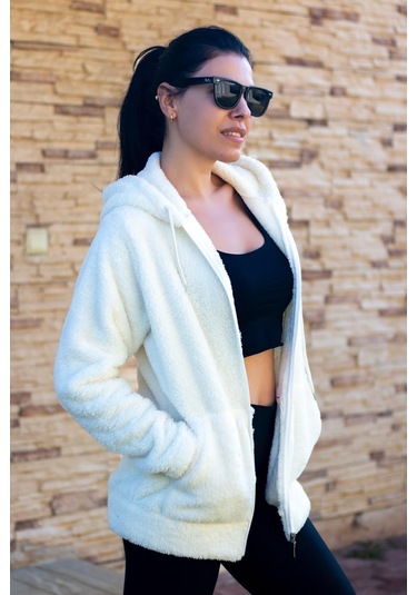 Kadın Beyaz Peluş Yumoş Fermuarlı Kapüşonlu Cepli Welsoft Ceket 22kckteres 001