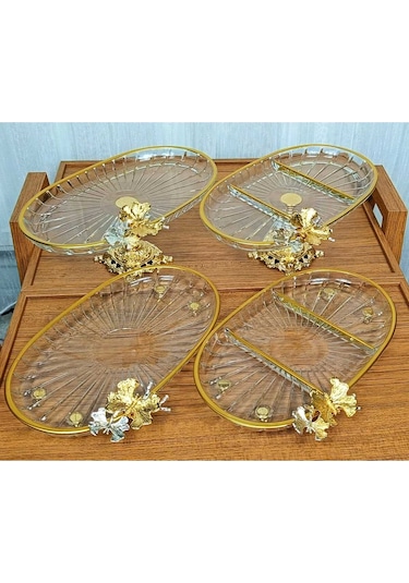 Elta Collection Yeni Seri 4 Parça Paşabahçe Gold Yaldızlı Metal Ayaklı Sunum Seti Kurabiyelik Hediyelik Gold Oval