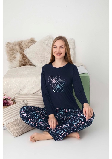 Kadın Bisiklet Yaka Düğmesiz Dökümlü Viskon Mevsimlik Uzun Kol Cepli Pijama Takımı Lacivert Mavi