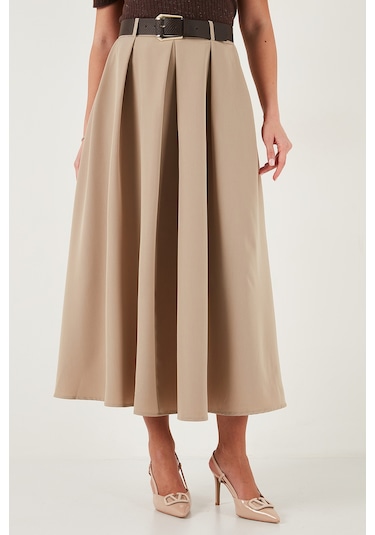 Lela Modest Kemerli Comfort Fit Yüksek Bel Pileli Kloş Uzun Tesettür Bayan Etek 6833360 Camel