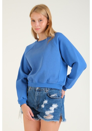 Giyim Dünyası Kadın 3 İp Şardonlu Sıfır Yaka Oversize Sweatshirt Mavi 001