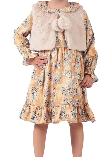 Kız Çocuk Çiçek Desenli Peluş Yelekli Midi Boy Astarlı Elbise Hardal