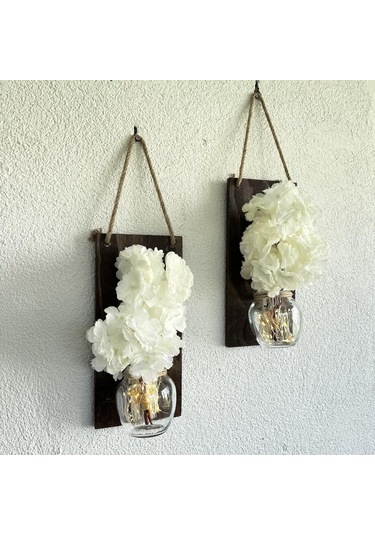 Led Işıklı, Beyaz Bahardalı Çiçekli Duvar Dekoru Ceviz İkili Set Ceviz