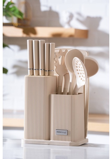 Cooper 12 Parça Standlı Kesme Tahtası Servis Ve Bıçak Seti Krem