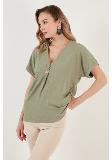 Lela Düğme Detaylı V Yaka Bayan Bluz 5865567 Olive