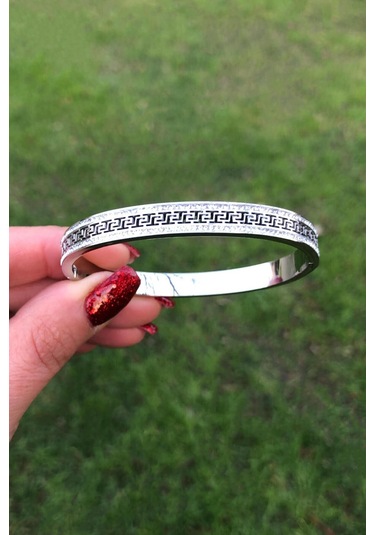 Zirkon Taşlı Desenli Gümüş Renk Çelik Kelepçe