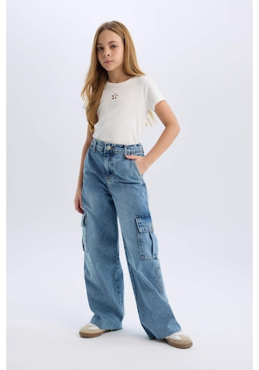 DeFacto Kız Çocuk Wide Leg Kargo Geniş Bol Paça Pamuklu Jean Pantolon D7089A825SPNM39 Mavi DeFacto Kız Çocuk Wide Leg Kargo Geniş Bol Paça Pamuklu Jean Pantolon D7089A825SPNM39 Mavi