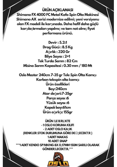 Shimano Fx 4000 Oslo Master Telespin 240cm 7-35gr 8 Örgü Spin Olta Seti