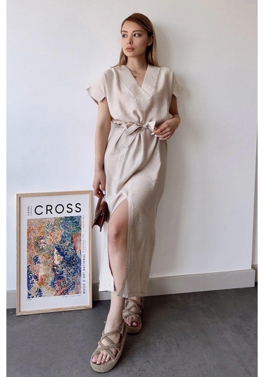 Kadın Taş Kısa Kol, V Yaka, Düz Renk Desen, Basic Kalıp/kesim, Aerobin Kumaş, Kuşaklı Maxi Elbise Taş