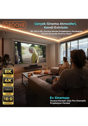 Groove Vizio Pro 240x200cm Blackout Işık Geçirmez Elektrikli Otomatik Kumandalı Projeksiyon Perdesi +motorlu+canlı Renkler+göz Koruması+leke Tutmaz Projector