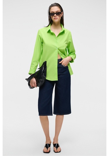 DELFINO Kadın Oversize %100 Organik Pamuk Uzun Kollu İnce Uzun Fıstık Yeşili Gömlek