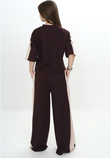 Kız Çocuk %100 Pamuk London Baskılı Oversize Garnili Truvakal Kollu Eşofman Takımı-293-eşt-0010 Kahverengi