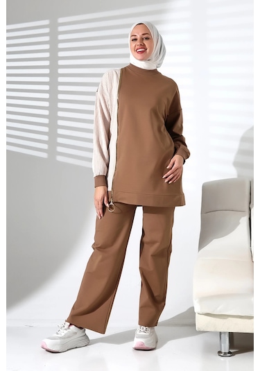 Kadın Mevsimlik Alt Üst Rahat Kahverengi Spor Ikili Tunik Pantolon Şık Tesettür Takım Kahverengi