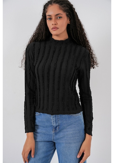 Kadın Dokulu Esnek Örme Bluz 975 - Siyah Siyah