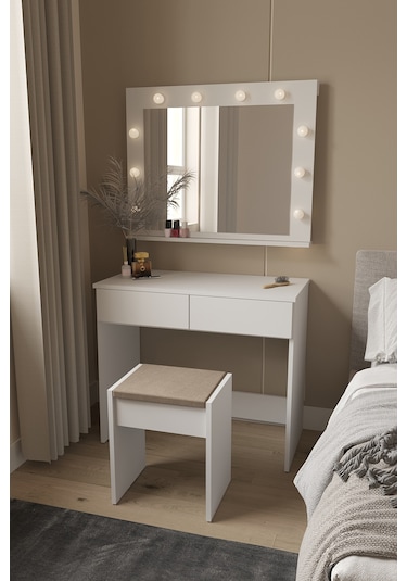 Dekorfim DF02103B Hollywood Işıklı Aynalı Çekmeceli Makyaj Masası