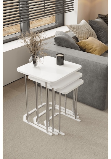 3' Lü Kare Zigon Sehpa Gümüş Ayak Beyaz 18 Mm Mdf Beyaz - Gümüş