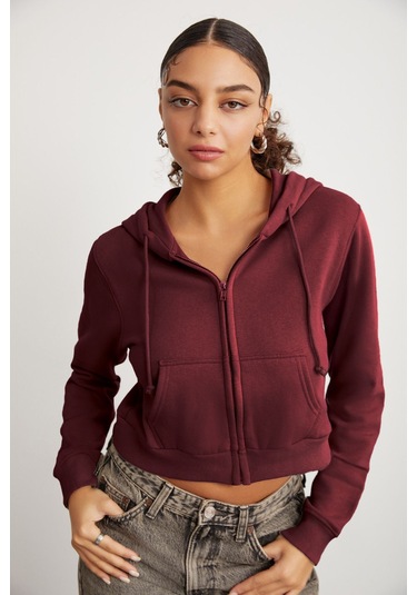 GRIMELANGE Delıa Kadın Crop İçi Polarlı Fermuarlı Organik Pamuklu Kapüsonlu Kordonlu Bordo Sweatshirt Bordo