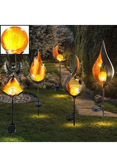 Besthome1 Güneş Enerjili Demir Alev Feneri - Toprak Takılabilir Bahçe Işıkları