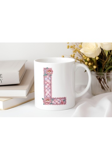 L Harfli Retro Çiçekli Kupa Bardak - Patchwork Tarz Yamalı Desenli İsme Özel Kupa - Hediye Beyaz