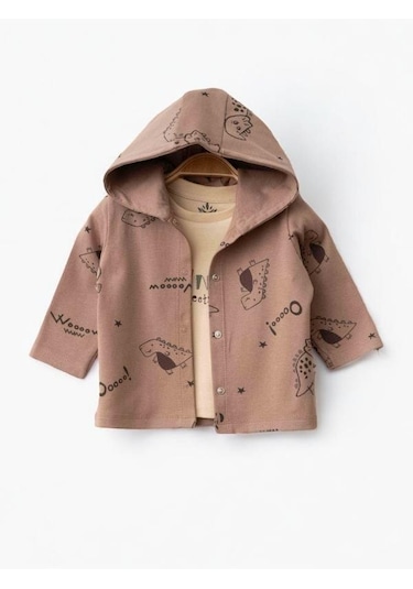 Erkek Bebek Kapüşonlu Dinazor Baskılı 3lü Eşofman Takım-15469 Kahverengi