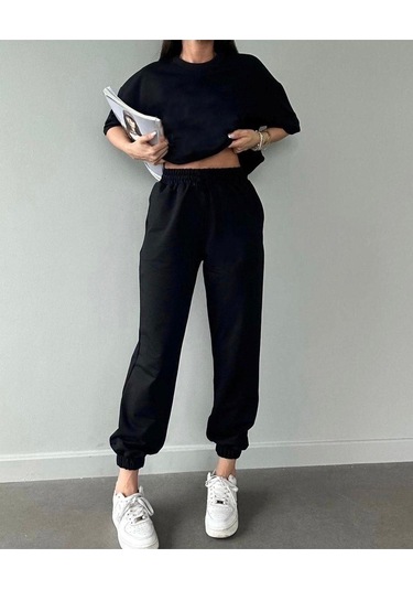 Basic T-shirt Eşofman Altı Jogger Siyah Düz Alt Üst Eşofman Takımı Oversize Bisiklet Yaka Siyah