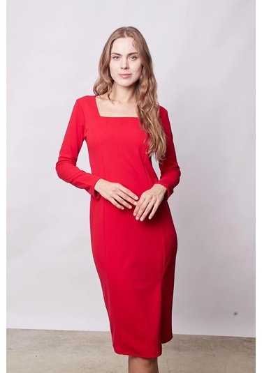 Kadın Likralı Krep Kumaş Kare Yaka Önden Yırtmaçlı Uzun Kol Diz Altı Ofis Elbise-kırmızı Kırmızı