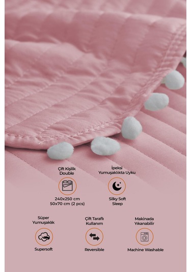 Evlen Home Collection Ponponlu Çift Kişilik %100 Pamuk Yatak Örtüsü Pike Takımı Pudra